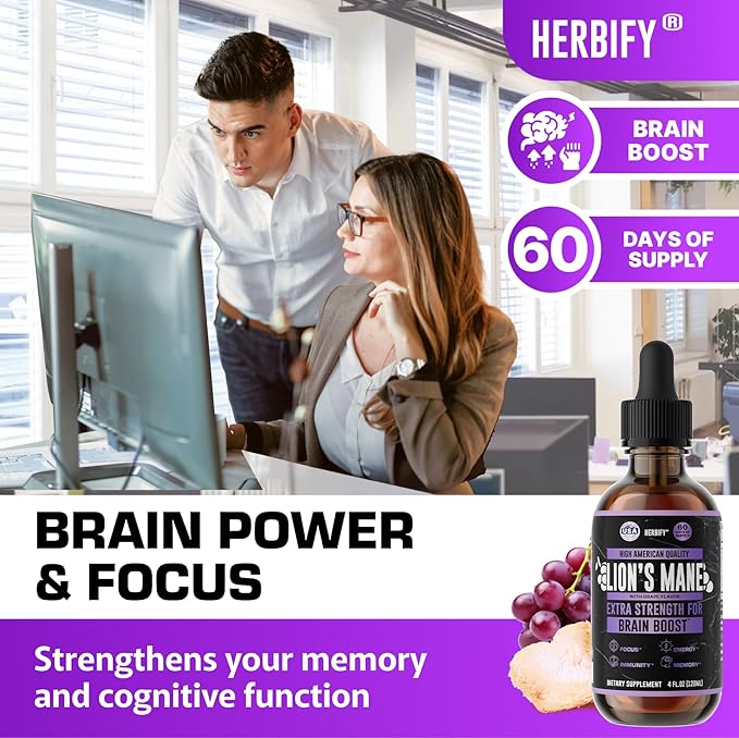 HERBIFY Lions Mane Supplement - Daily Mushroom Supplement for Memory, Focus & Clarity - Brain Booster - Lions Mane Tincture for Immune Support - 4 Fl oz Grape Flavor
