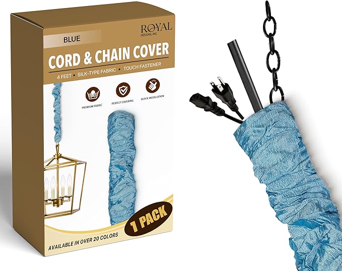 Royal Designs, Inc. Cord & Chain Cover 4 ft Silk Type Fabric, Chandelier Pendant Lighting Chain & Cable Management, Touch Fastener, Blue - 1 Pack