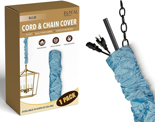 Royal Designs, Inc. Cord & Chain Cover 4 ft Silk Type Fabric, Chandelier Pendant Lighting Chain & Cable Management, Touch Fastener, Blue - 1 Pack