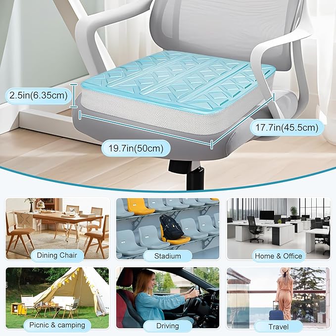 Thicken 19.7in Seat Cushions for Office Chairs,Ultra Large Dual-Layer Gel &Memory Foam Wheelchair Cushions for Long Sitting, Non-Slip Cover Chair Seat Pads for Office, Computer Desk,Car & Truck