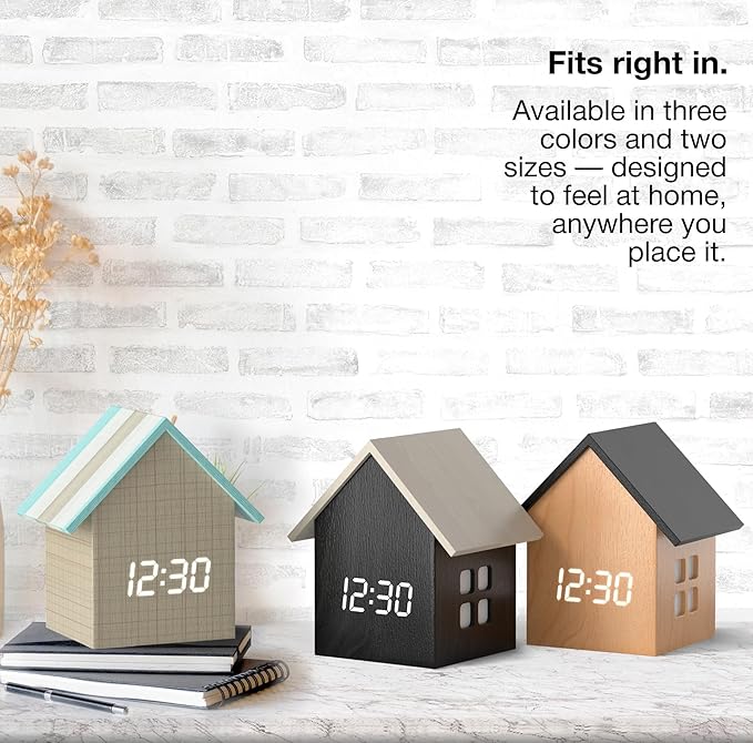 Driini Digital House Shaped Alarm Clock with Temperature Display (Stripe Wood) – Modern Aesthetic - Cute Cube Frame and White LED Dimmer - Perfect Large Desk Clock for Bedside Table or Bedroom Mantle