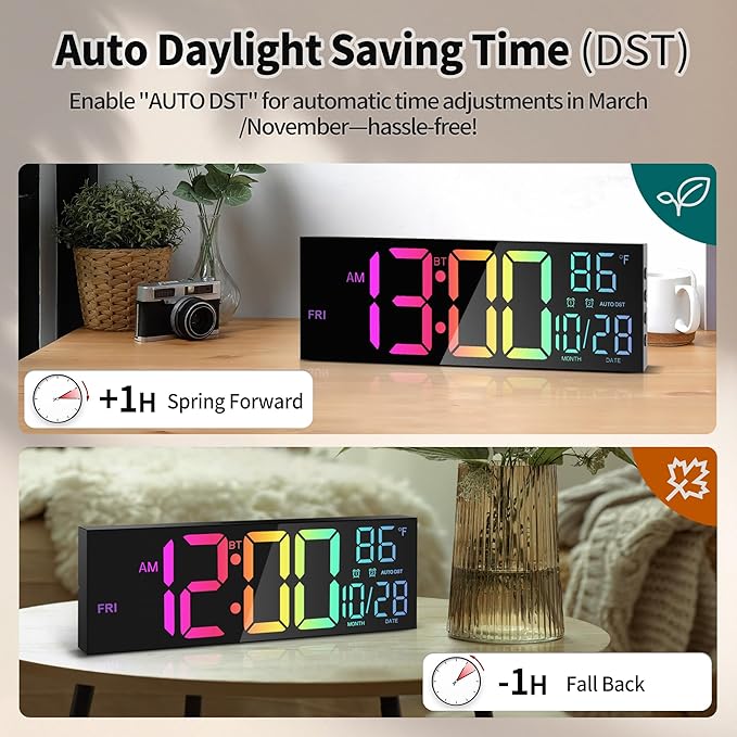 16.5" Large LED Wall Clock with Bluetooth Sync, Night Light, DST, 2 Alarms, RGB Color, Temperature, Remote Control, 12/24H, Timer for Living Room, Bedroom, Desk, Gift for Mother Father Elderly