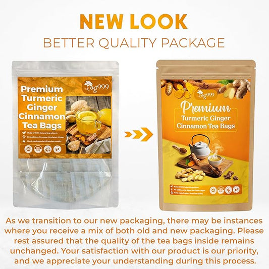 120 Bags Premium Turmeric Ginger Cinnamon Tea, Improve Digestion, Support Brain, Weight, Skin and Sleep, Eco-Conscious Tea Bags and Premium Natural Ingredients. Turmeric Ginger Herbal Tea. No Sugar, No Caffeine, No Gluten, Vegan.