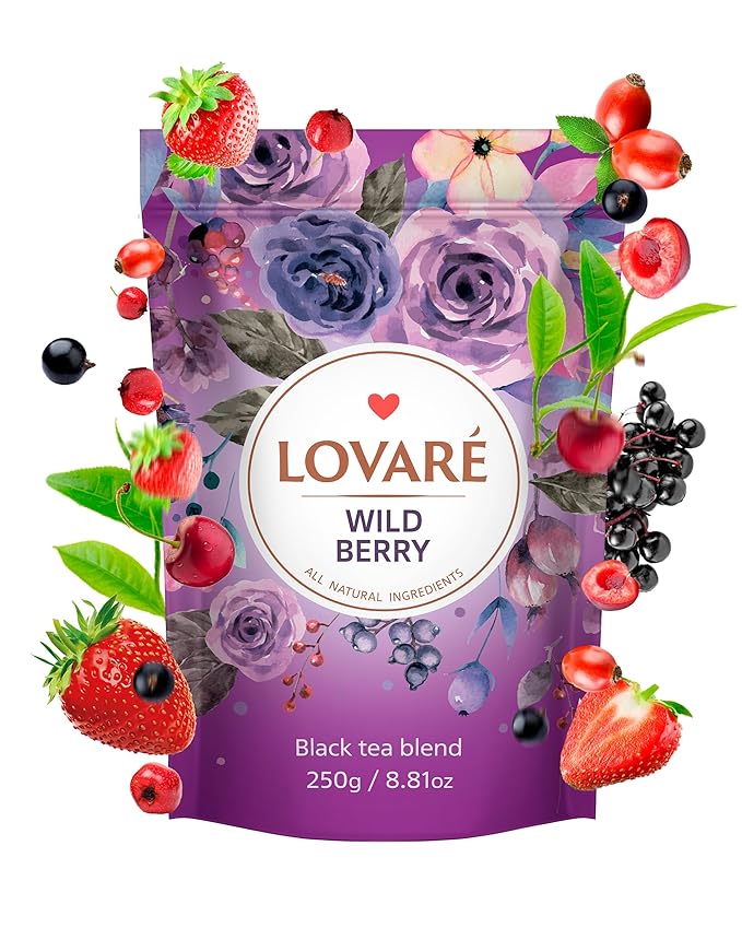 LOVARE Wild Berry Tea Pouch - Loose Leaf Tea 250 g - Made in Ukraine - Doypack with Black Tea, Cherry, Roses, Hawthorn Berries, Elderberry, Black Currant Berries, Strawberry - tea Lovers Gift