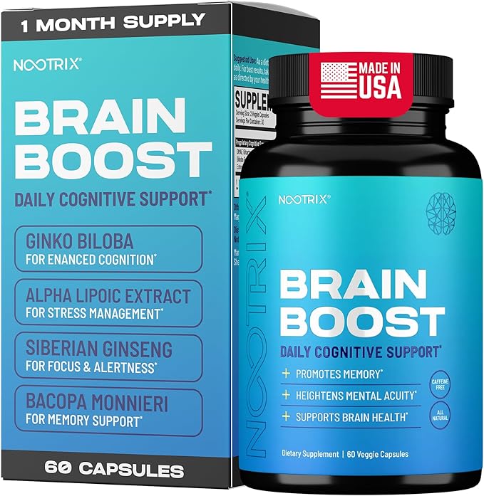Brain Boost Nootropic Supplement | Supports Memory, Mental Focus, Cognitive Health & Energy | Promotes Healthy Mood & Brain Function | Ginkgo Biloba & DMAE | 60 Capsules