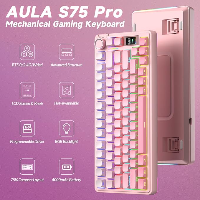 AULA S75 PRO Wireless Mechanical Keyboard with Screen&Knob, Tri-Mode Hot Swappable Gaming Keyboard 75%, Pre-lubed Switches, RGB Backlit, Side Printed PBT Keycaps, Creamy Sounding Pink Keyboards