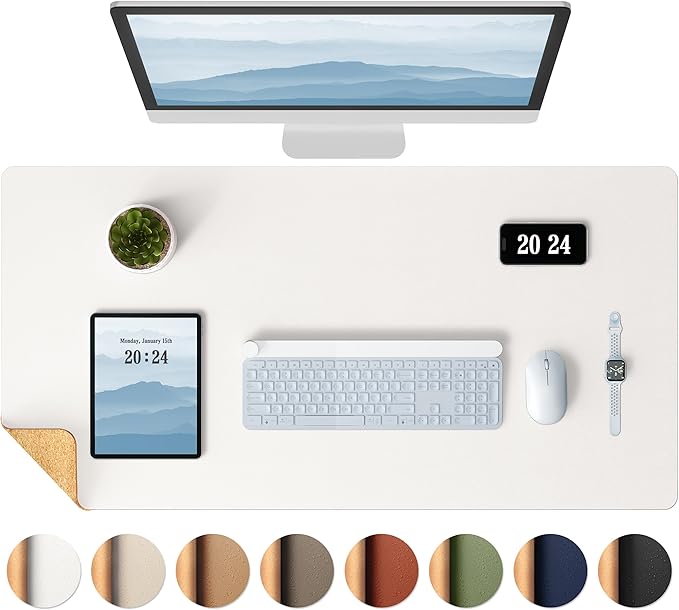 Aothia Dual-Sided Desk Pad - Leather Desk Mat, Natural Cork Desk Pad Protector, Large Mouse Pad for Desk, Waterproof Desk Blotter Pad, Desk Writing Pad for Office Work/Home, Off-White (37.8"x17")