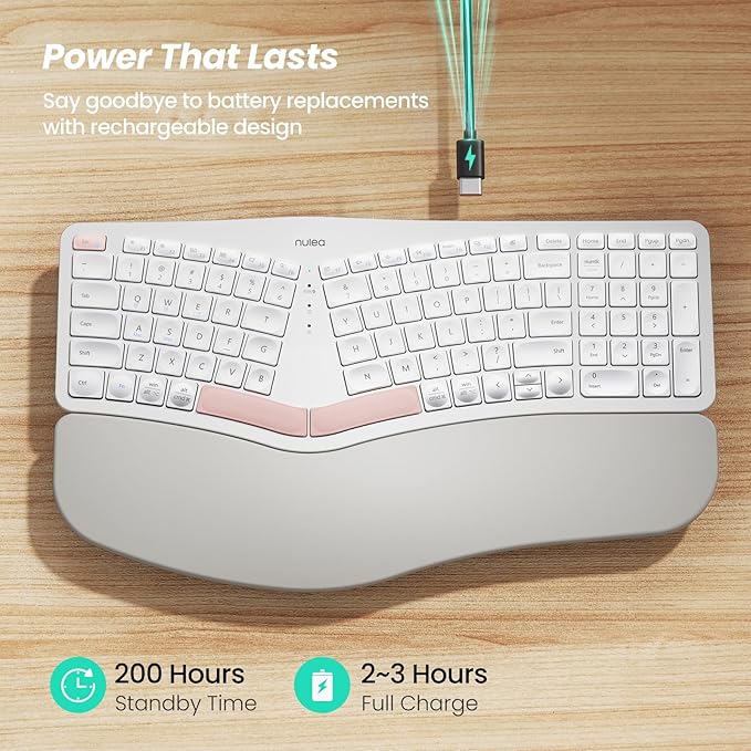 Nulea Wireless Ergonomic Keyboard, Split Keyboard with Cushioned Wrist Rest, Bluetooth and USB Connectivity, USB-C Rechargeable, Compatible with Windows Mac (White Pink)