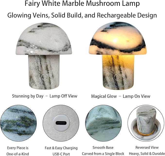 Handcrafted Natural Stone Mushroom Lamp - Rechargeable Bedside LED Night Light with Type-C Port, Unique Marble Table Lamp for Modern Interiors