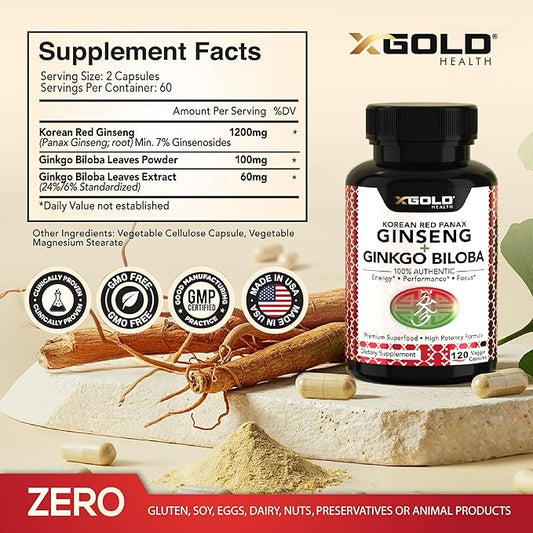Korean Red Panax Ginseng 1200mg + Ginkgo Biloba -120 Vegan Capsules - High Ginsenosides Extra Strength Root Extract Powder Supplement for Energy, Performance & Focus Pills for Men & Women