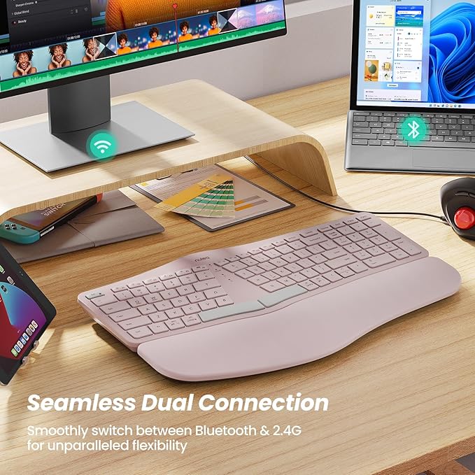 Nulea Wireless Ergonomic Keyboard, Split Keyboard with Cushioned Wrist Rest, Bluetooth and USB Connectivity, USB-C Rechargeable, Compatible with Windows Mac (Grey Pink)