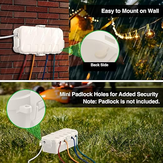 RESTMO Outdoor Electrical Box, IP54 Weatherproof Extension Cord Cover with 6 Cable Entry Ports, Waterproof Connection Box Protect Power Strip, Timer, Plug, Holiday Lights, (11.5x5.2x4 inch), White
