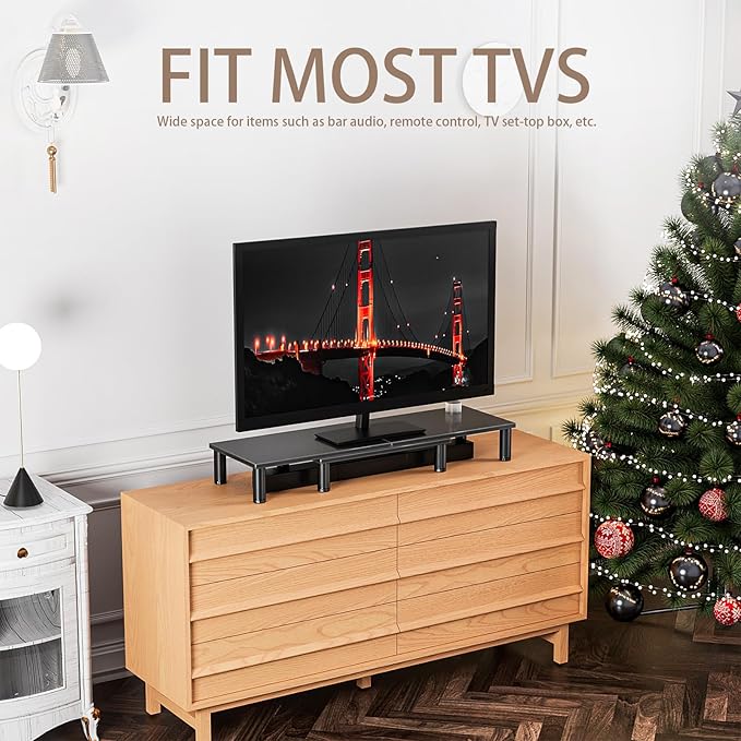 AX WABER Dual Monitor Stand Riser, Monitor Stand with Adjustable Height Steel leg, Wood Monitor Stand for Desk, Monitor Riser for 2 Monitors with Storage Space Black