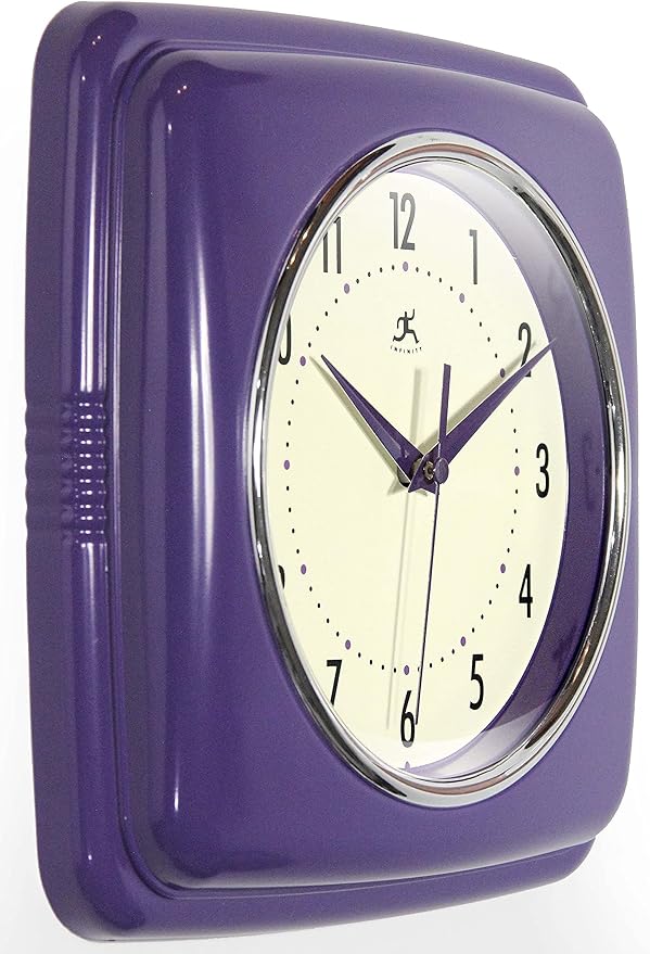 Infinity Instruments Retro Wall Clock - 9 Inch Square Clock - Silent Non-Ticking Mid Century Modern - Kitchen Clock Office Clock Diner Wall Clock - Vintage Wall Clock Decorative - Purple