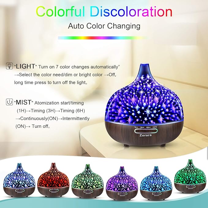 Essential Oil Diffuser 550ml Cool Mist Humidifier 3D Glass Ultrasonic Aromatherapy Humidifier with 7 Color Changing Led Lights, Waterless Auto Shut-Off, Adjustable Timer, Remote Control, Star