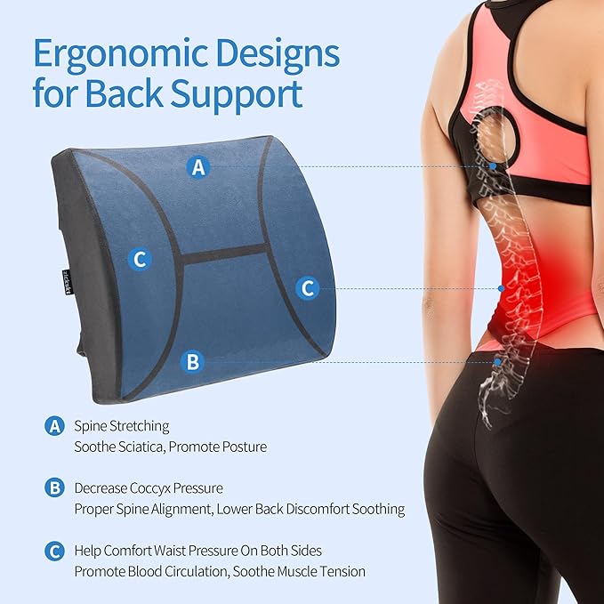 Lumbar Support Pillow - Gel Memory Foam Back Cushion for Lower Back Pain Relief & Improve Sitting Posture, Lumbar Support Cushion with Adjustable Strap & Non-Slip for Office Chair, Sofa, Car