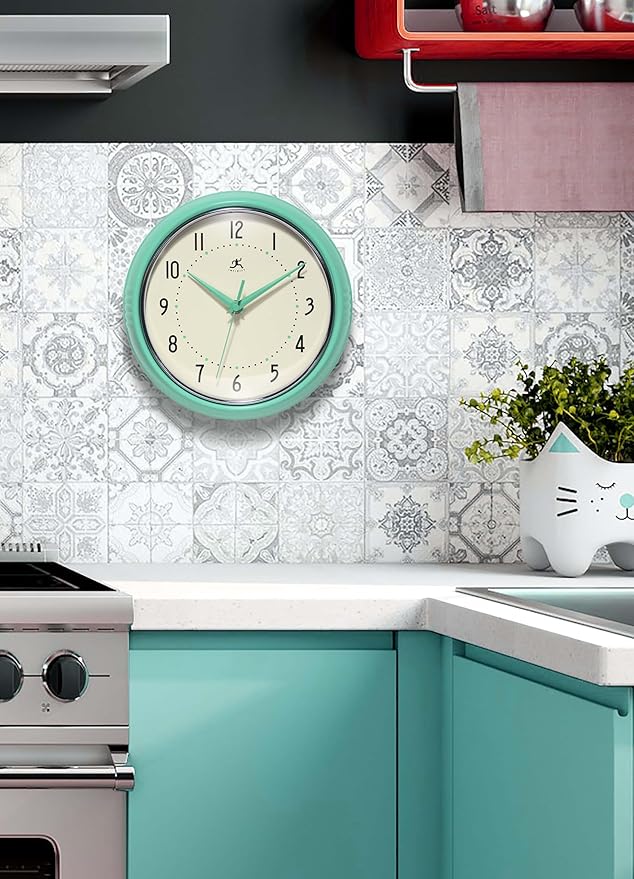 Infinity Instruments LTD. Retro 9 inch Silent Sweep Non-Ticking Mid Century Modern Kitchen Diner Wall Clock Quartz Movement Retro Wall Clock Decorative (Mint Green)