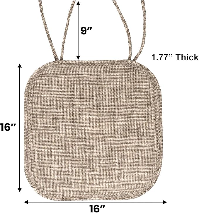 Sweet Home Collection Chair Cushion Memory Foam Pads with Ties Honeycomb Pattern Slip Non Skid Rubber Back Rounded Square 16" x 16" Seat Cover, Herringbone Taupe