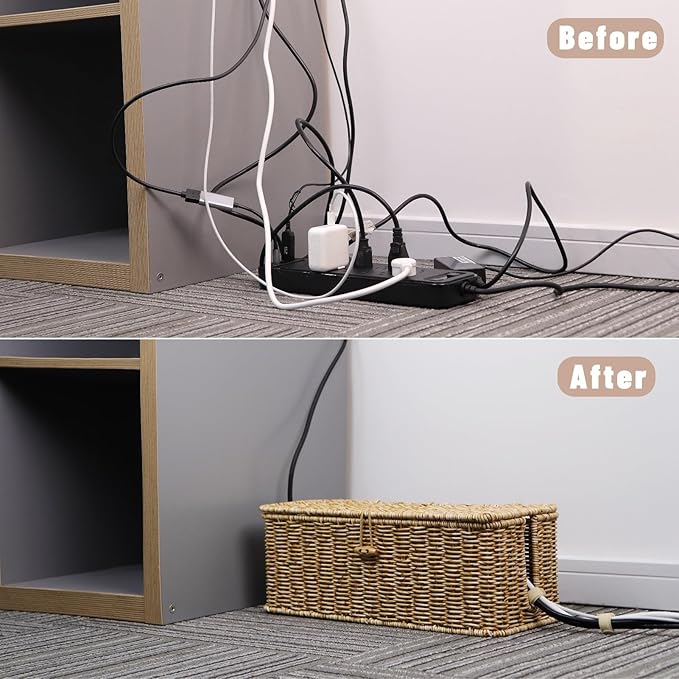 BROWNLILY Cable Management Box, Rattan Style Cord Organizer for Desk Cord Hider Outlet Covers Baby Proofing for Power Strip TV PC Router Charger Under Desk Storage with Lockable Lid and Cable Ties