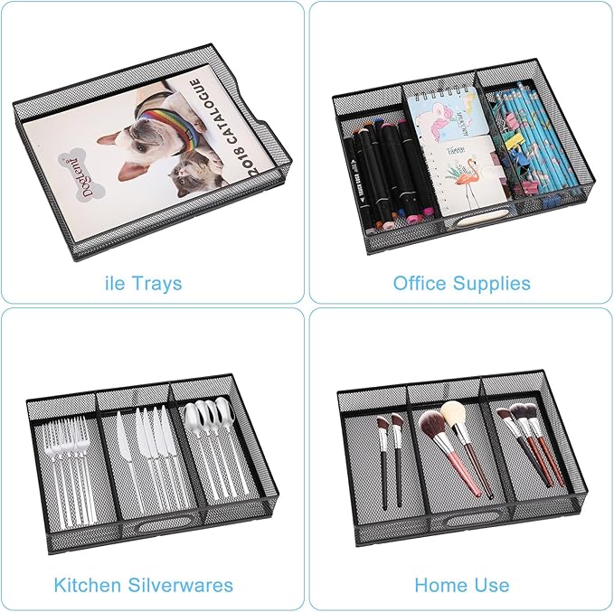 Office Drawer Organizer 2 Pack, Metal Mesh Set - Large Kitchen Drawer Organizer Tray, Adjustable Under Desk Storage for Papers, Office Supplies(Black)