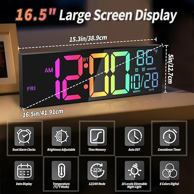 16.5" Large LED Wall Clock with Bluetooth Sync, Night Light, DST, 2 Alarms, RGB Color, Temperature, Remote Control, 12/24H, Timer for Living Room, Bedroom, Desk, Gift for Mother Father Elderly