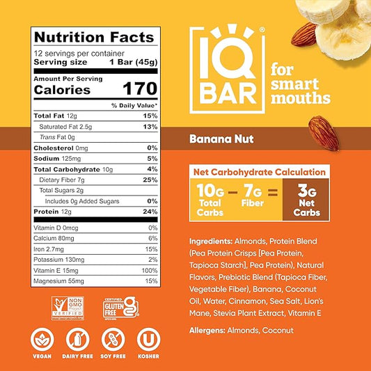 IQBAR Brain and Body Plant Protein Bars - Banana Nut - 24-Count Low Carb - Gluten Free, High Fiber, Vegan Snacks - Low Sugar Meal Replacement