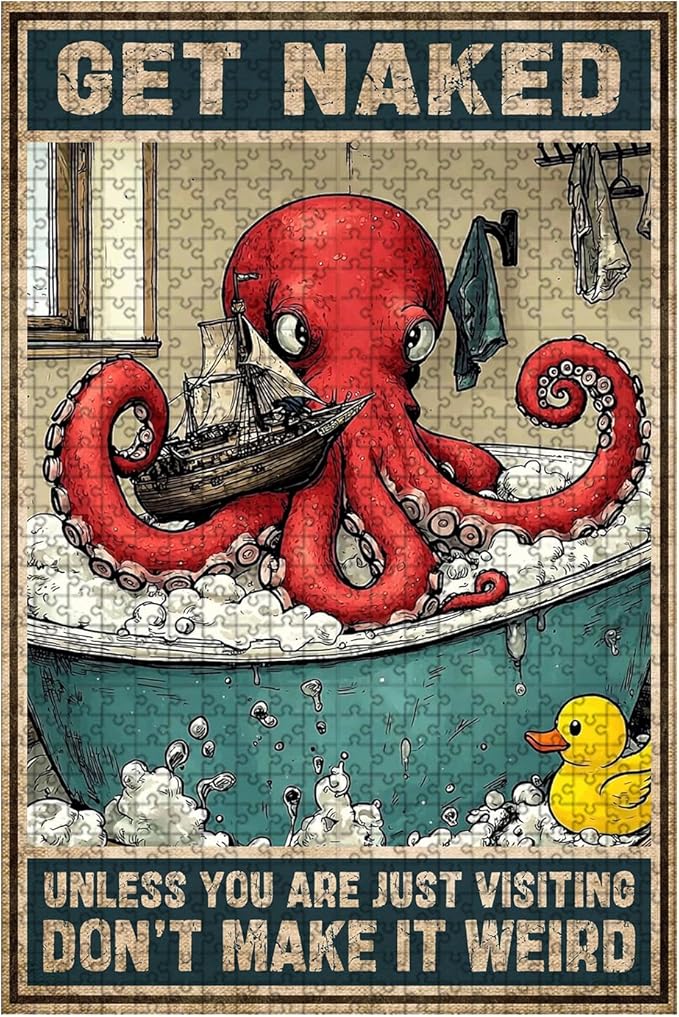 1000 Piece Wooden Puzzle Adults Well Crap Bathing Octopus Humorous Brain Teaser for Relaxation & Fun 29.5x19.7 Inch