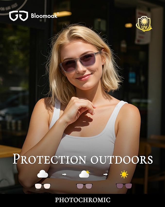 Bloomoak Rose Tinted Photochromic for Indoor/Outdoor UV 400/Migraine Relief Glasses for Fluorescent LED Glare/Photophobia