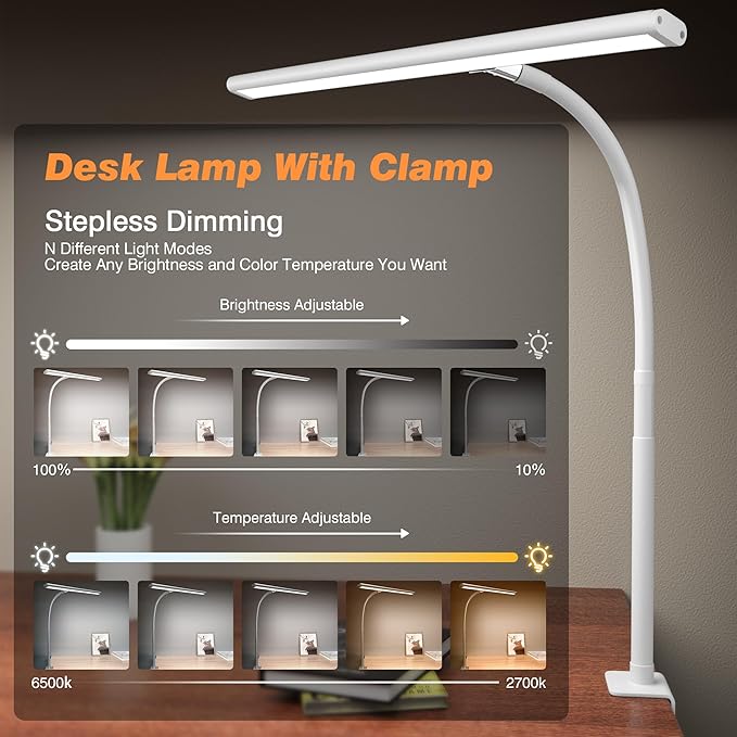 LED Desk Lamp for Office Home, Eye-Caring Desk Light with Stepless Dimming Adjustable Flexible Gooseneck, 10W USB Adapter Desk Lamp with Clamp for Reading, Study, Workbench