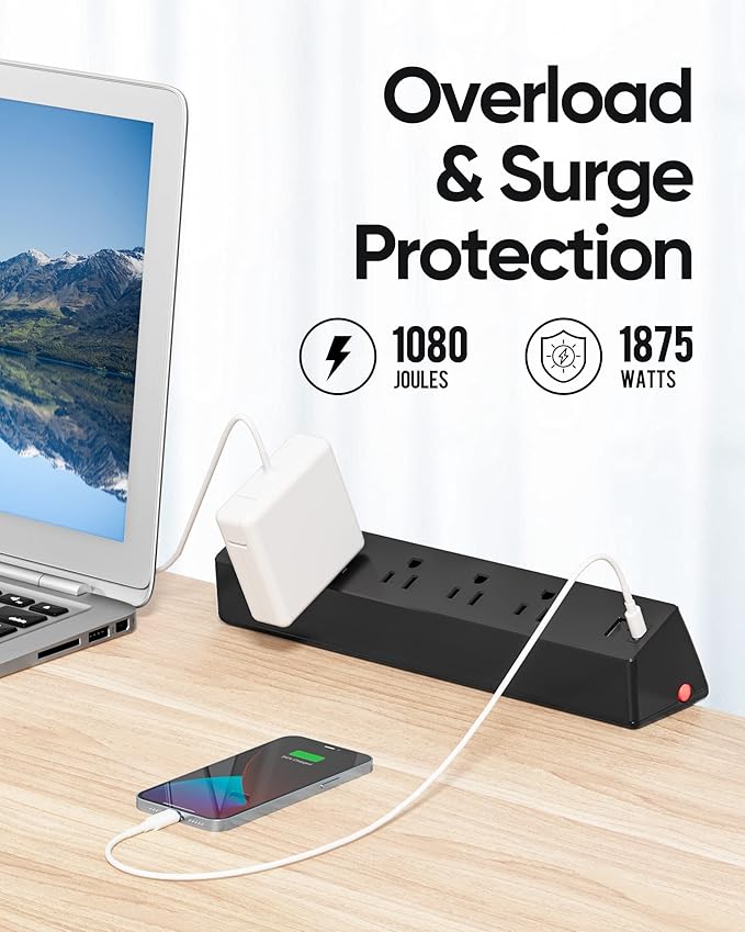 Desk Clamp Surge Protector, 10 FT Extension Cord, Fast Charging Station with 4 AC Outlets 2 USB-A and 2 USB-C Ports, Fit 1.7 inch Tabletop Edge, Desk Power Strip for Home Office Room