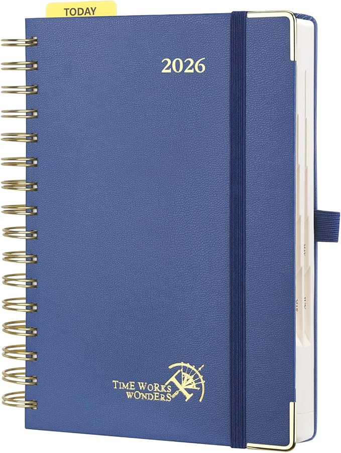 POPRUN 2026 Daily Planner One Page A Day - [8.5" x 5.75" Wire-Bound Hard Cover] Agenda 2026 Hourly Appointment Book with Monthly Calendar, Inner Pocket, Ivory Paper - Navy Blue