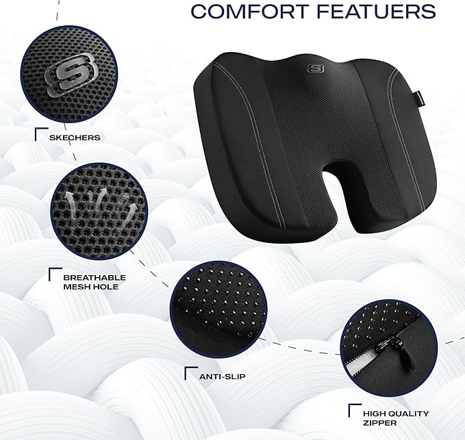 Skechers Seat Cushion, Air Cooled Memory Foam Cushion for Office Chair,Ergonomic Office Desk Accessories for Tailbone Pain Relief,Chair Cushions for Long Sitting Office Workers,Car Drivers,Black