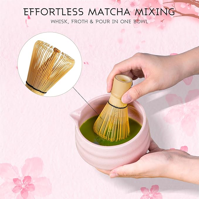 Matcha Whisk Set, 8-Piece Pink Matcha Set with Ceramic Bowl, Bamboo Whisk, Sifter, Large Mat and More – Complete Matcha Kit with Gift Box for Matcha Lovers