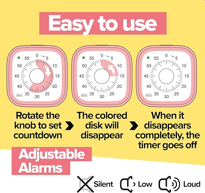 Visual Timer for Kids – Silent Time Management – 60 Minute Countdown – Focus and Productivity Tool – for Classroom, Toddlers, Study, Toothbrush – Fun Design – Adjustable Alarms (Pink)