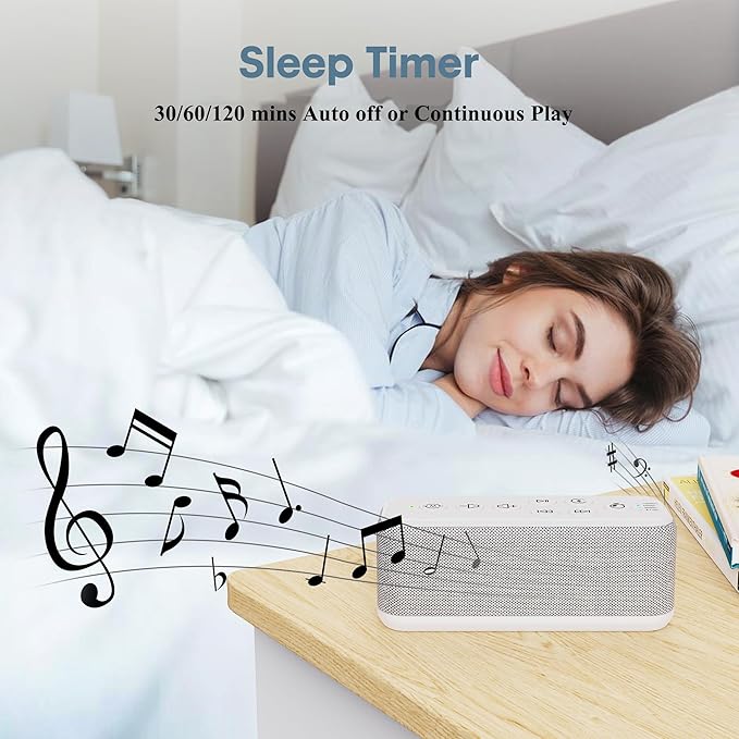 White Noise Sound Machine with Bluetooth,3000mAh Battery Powered,40H Long Lasting,Hi-Fi Audio,30/60/120m Timer,Wireless Portable Sleep Sound Machine for Adults/Baby,Type-C Rechargeable,Headphone Jack