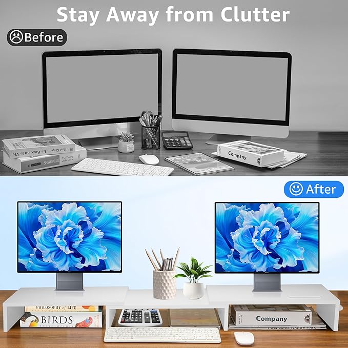 Dual Monitor Stand Riser for 2 Monitors, Monitor Stand for Desk, Adjustable Length & Swivel Angle Wooden Desktop Organizer Stand Riser with Smartphone Holder for PC Monitor Laptop, White