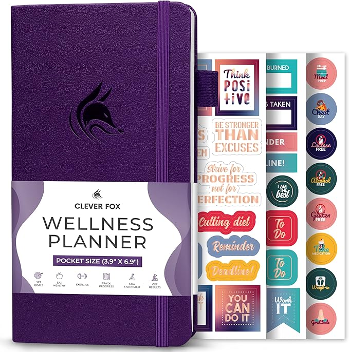 Clever Fox Wellness Planner - Weekly & Daily Health and Wellness Log, Food Journal & Meal Planner Diary for Calorie Counting, Notebook for Medical Condition Tracking – Pocket size (Purple)