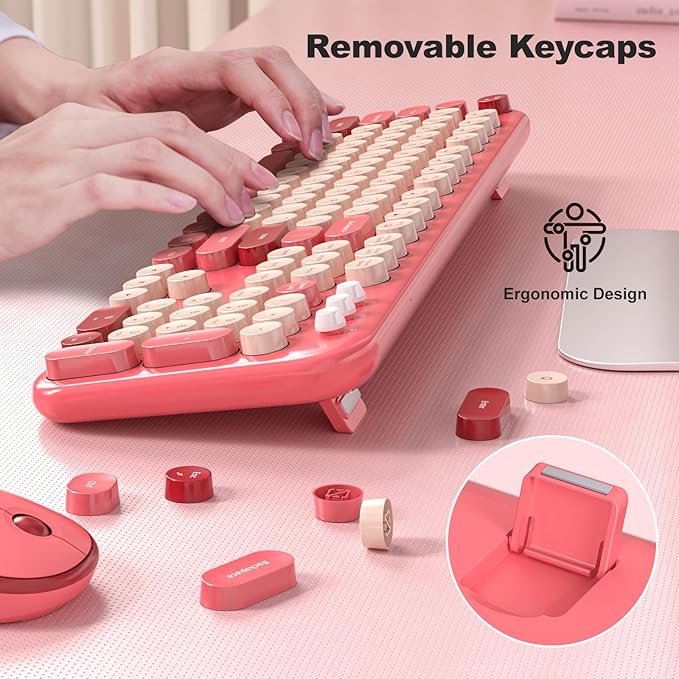 Wireless Keyboard and Mouse Combo, MOWUX Full Size Typewriter Retro Round Computer Keyboard, Cute Optical Mouse Wireless, Plug and Play, for Laptop, PC, Computer- Valentine's Rose