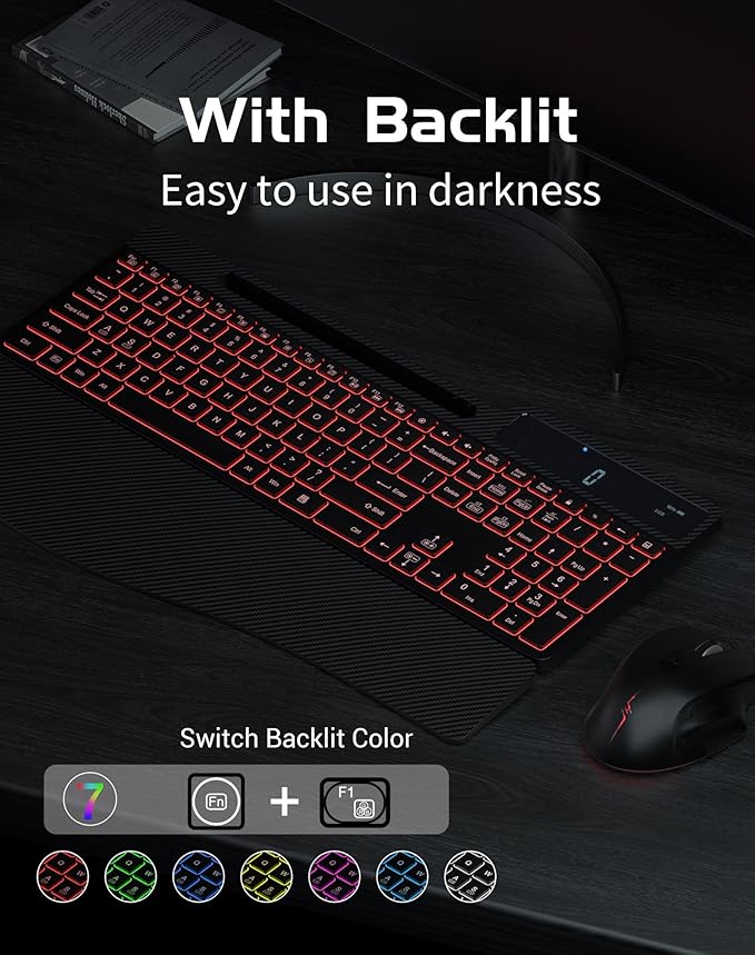 Wireless Keyboard Mouse Combo, Full Size Ergonomic Keyboard with Backlit, Wrist Rest, Calculator, Phone Holder, 2.4Ghz Silent Cordless Rechargeable Keyboard & Mouse for Laptop, PC, Windows, Mac OS