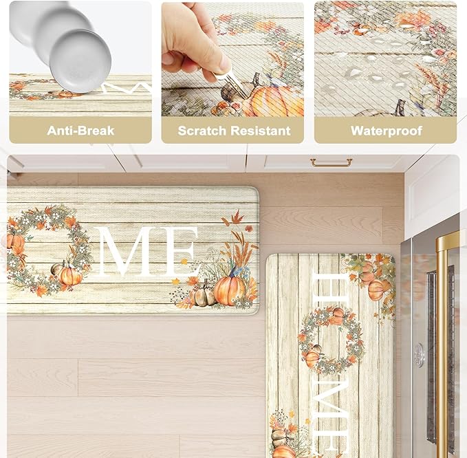 KIMODE Fall Kitchen Mat for Floor Anti Fatigue, Pumpkin Orange Kitchen Mats 2 PCS, Autumn Farmhouse Kitchen Rugs Non Slip, Cushioned Kitchen Floor Mats for Sink, Laundry, Desk 17"x47"+17"x29"