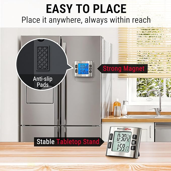ThermoPro TM02 24 Hours Digital Timer with Dual Kitchen Timers for Cooking, Stop Watches Magnetic Timer Clock with Adjustable Alarm Volume & LCD Backlit Display, Classroom Timer for Kids & Teachers