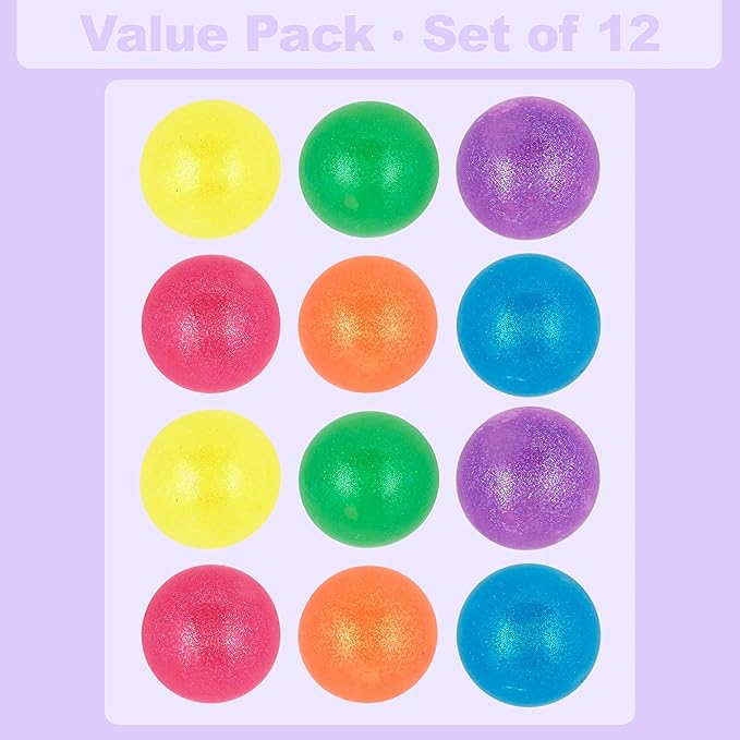 12pc Value Pack - Squeeze Balls in Assorted Glitter Colors - Fidget Toy Stress Balls for Adults and Kids - Anxiety Relief Items to Squish, Squeeze, Throw and Stick Fidgets for Kids