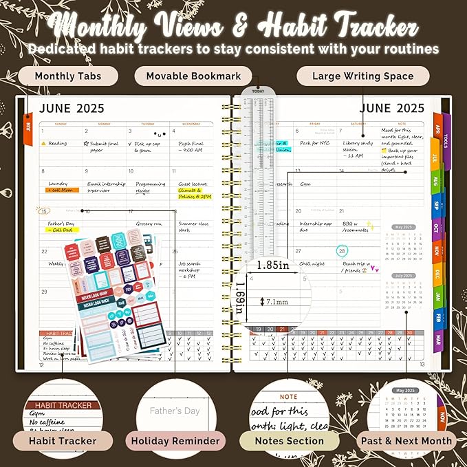 Jun 2025-Dec 2026 Academic Monthly Weekly Daily Planner for School, 19 Months Calendar 25-26 Planning Book with Colorful Tabs, 8.5" x 11" Mid Year College Organizer for Student Teacher (Bistre)