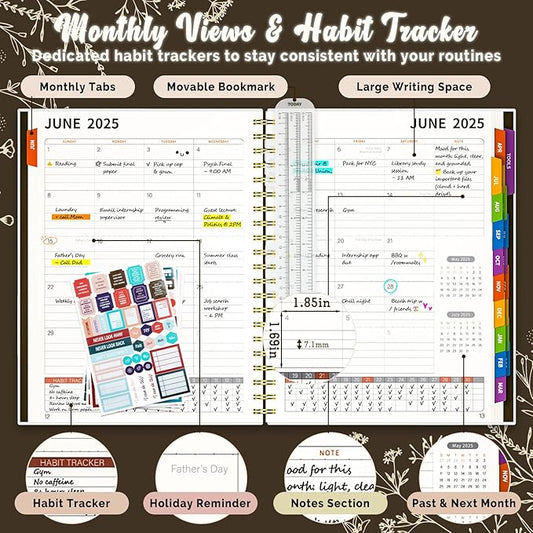 Jun 2025-Dec 2026 Academic Monthly Weekly Daily Planner for School, 19 Months Calendar 25-26 Planning Book with Colorful Tabs, 8.5" x 11" Mid Year College Organizer for Student Teacher (Bistre)