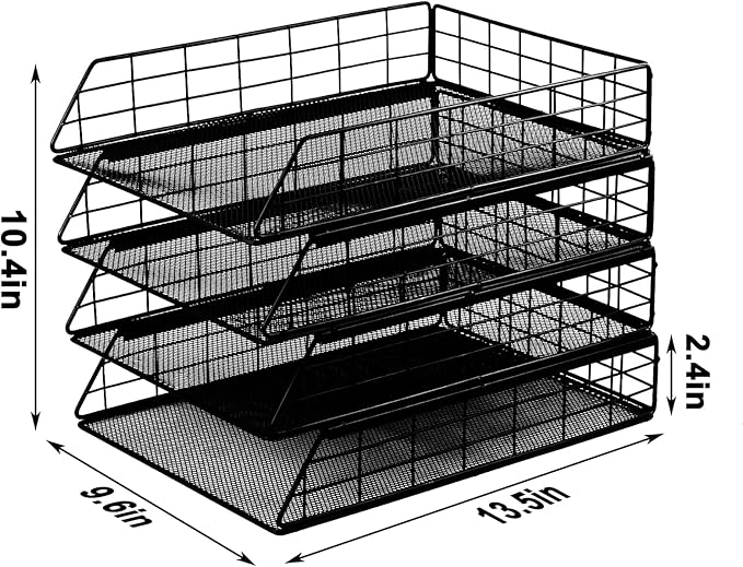 Tunnkit 4 Pack Stackable Letter Tray Paper Organizer, Metal Desk Organizer Tray for Letter/A4 Paper Storage, Suitable for Office, School, Home, Black