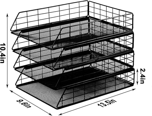 Tunnkit 4 Pack Stackable Letter Tray Paper Organizer, Metal Desk Organizer Tray for Letter/A4 Paper Storage, Suitable for Office, School, Home, Black