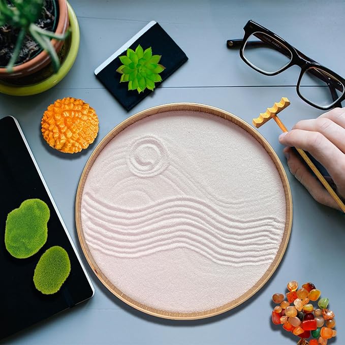 Japanese Zen Garden Kit for Desk, Bamboo Sand Garden Meditation Therapy Tray Gift Set, Mini Zen Décor Office Desktop Accessories - 2 Textured Spheres, Incense with Holder
