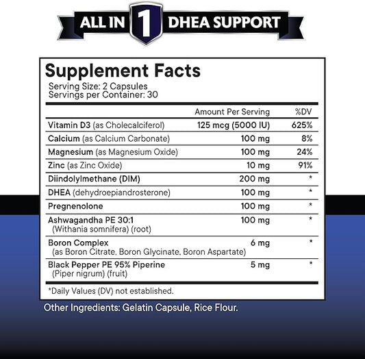 NEW AGE DHEA Supplement - Pregnenolone for Men & Women with DIM, Ashwagandha, Boron, Calcium, Magnesium, Zinc, Vitamin D3 5000iu - Support Capsules - 180 Count