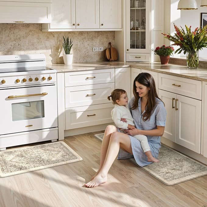 KIMODE Anti Fatigue Kitchen Mats 2 PCS 17"x47"+17"x29", Boho Kitchen Rugs and Mats, Non Slip Cushioned Kitchen Mats for Floor, Waterproof Kitchen Floor Mats for Laundry, Office, Sink, Khaki