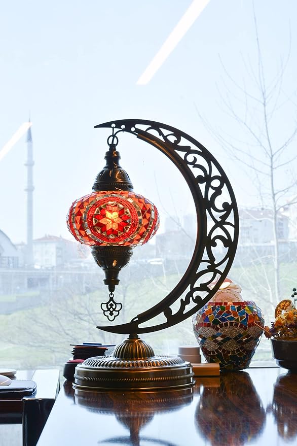 mozaist Turkish Mosaic Crescent Shape Table Lamp, Moroccan Moon Boho Handmade Desk Light, Farmhouse Rustic Living Room Decorative Lighting, Bedside Nightstand with E12 Socket & US Plug (Orange & Red)